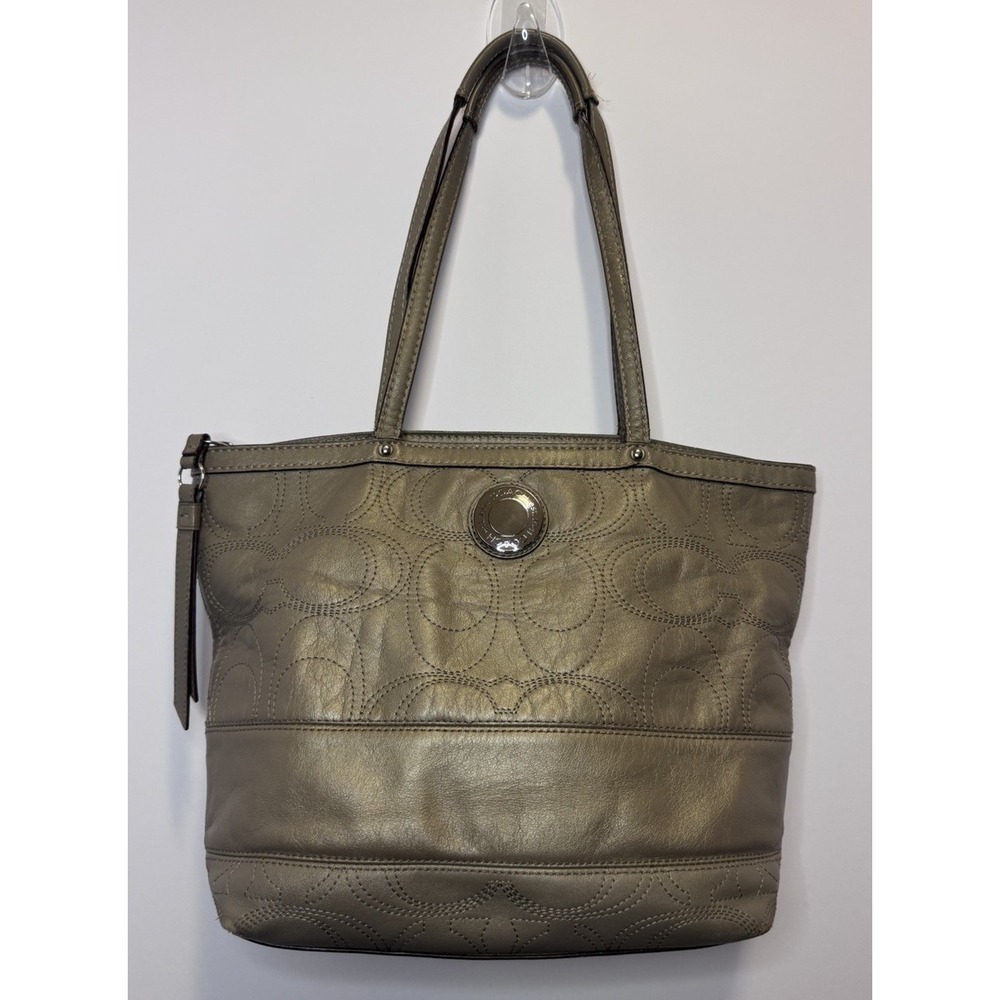 Coach Signature Outline C Logo Bronze Metallic Leather Tote Shoulder Bag F19409